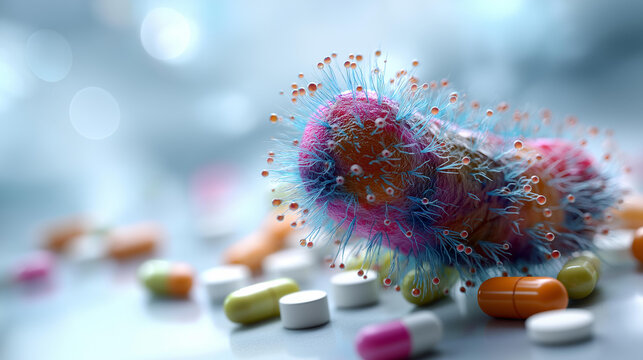 Abstract 3D render of an antibiotic resistant superbug bacterium rendered in vivid photorealistic style the large detailed bacterium cell positioned prominently above small