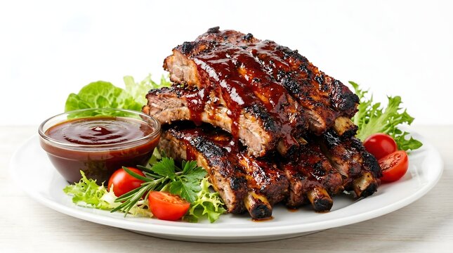 Grilled ribs with barbecue sauce on a plate with vegetables isolated on white background