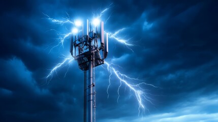 Heavy Rain and Lightning Striking Radar Tower with Dark Stormy Sky