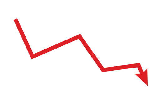 Down arrow stock market crash concept. Red downward arrow with falling financial graph showing share market decline, economic recession and investment loss vector illustration.