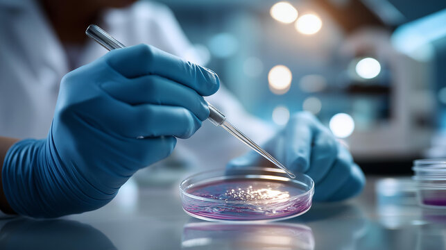 Close-up of faceless laboratory technician hands from above at a bright microbiology workstation a wire inoculation loop visible in one gloved hand transferring