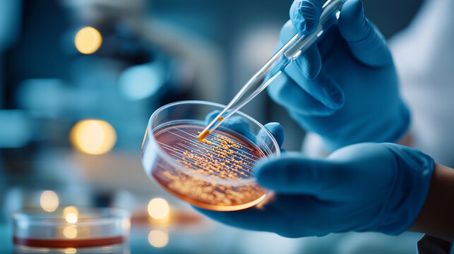 Close-up of faceless laboratory technician hands from above at a bright microbiology workstation a wire inoculation loop visible in one gloved hand transferring