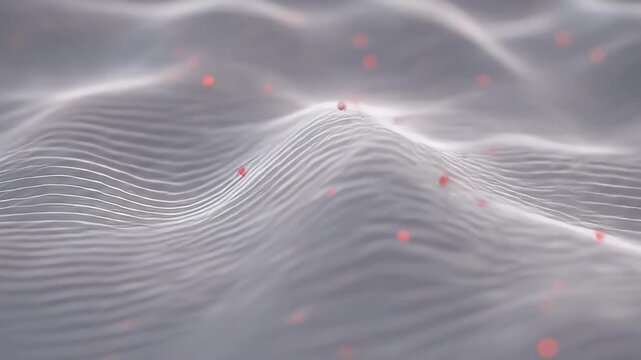 Abstract wave pattern with red dots, a gray and white flowing, undulating design