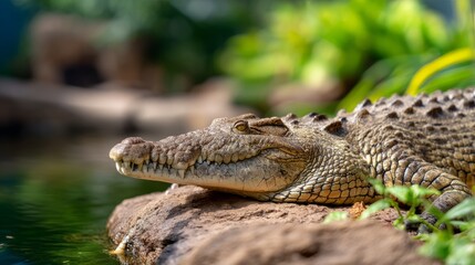 Obraz premium Crocodile Basking in the Hot Sun by a Rough Swamp Area