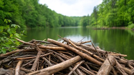 Tranquil View of Nature With Twigs Near Calm Waters and Overcast Sky