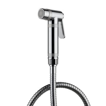 Chrome bidet sprayer with hose, isolated on transparent background. Bathroom details. Plumbing installation, renovation. Hygiene at home and hotels