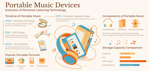 Portable music devices evolution infographic. Timeline from cassette and CD player to MP3 player and smartphone, with components and storage comparison, flat vector illustration. © Gulsim
