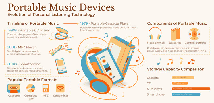 Portable music devices evolution infographic. Timeline from cassette and CD player to MP3 player and smartphone, with components and storage comparison, flat vector illustration.