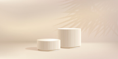 Beige bg product podium, soft plant shadow overlay. Marble 3d platform in creamy studio, palm tree gobo. White fluted elegant pillar, cylinder platform. Skincare natural cosmetic pedestal two level