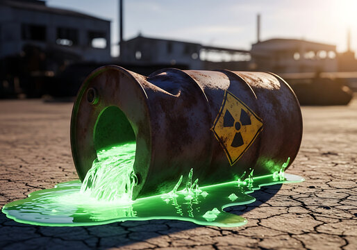 Rusty barrel with radioactive sign leaking green toxic liquid on ground
