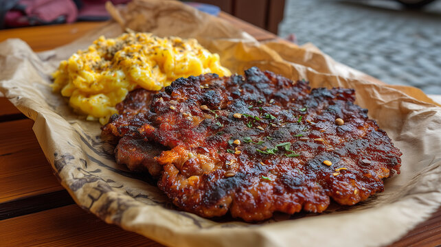 A close-up of a large, juicy Pljeskavica grilled meat patty served on rustic paper with a side of creamy scrambled eggs, typical of Balkan street food.