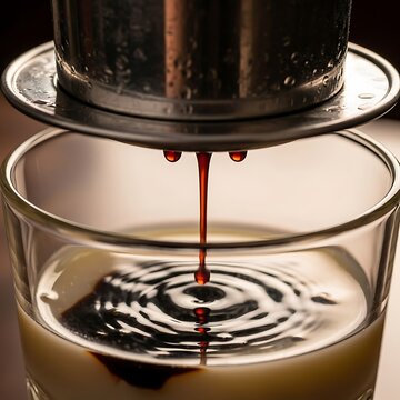 Traditional Vietnamese coffee dripping from a phin filter into a glass with condensed milk.
