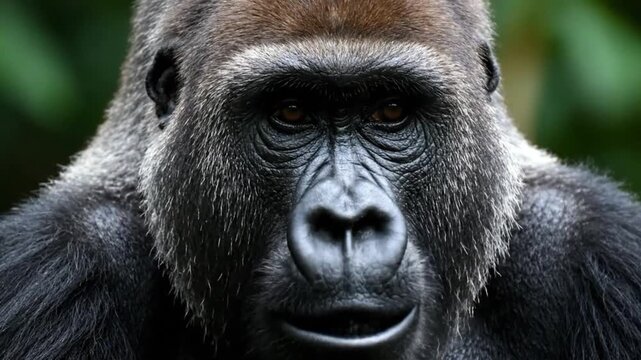 Close-up video of western lowland gorilla looking directly at the camera in its natural habitat