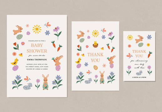 Bunny Baby Shower Template Collection with Thank You Card