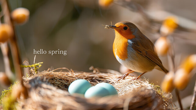 A European Robin perched on the edge of a straw nest containing three light blue eggs. Blurred spring background with "Hello Spring" text.