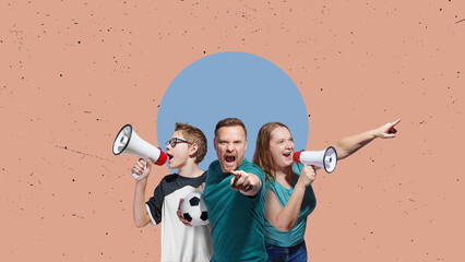 Fototapeta premium soccer fans family with megaphones in hand celebrating on isolated on free background