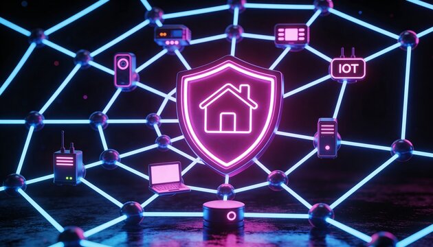 IoT Spider Web Glowing Connected Devices Smart Home Network Security Magenta Blue 3D Render Internet of Things Encryption Protection Technology Dark