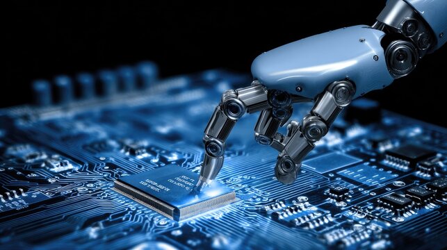 Robotic manipulator hand carefully installs a central processing unit onto a glowing printed circuit board.