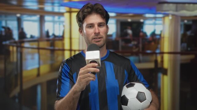 Man holding microphone and soccer ball while speaking into it, wearing blue striped jersey in hotel lobby by a glass railing and curved balcony with blurred crowd behind him; pride.