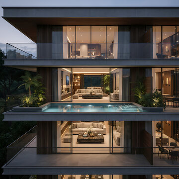 This spectacular multi-level luxury residence showcases modern architectural elegance with expansive glass walls and open-concept living spaces. Each floor offers beautifully designed interiors that s