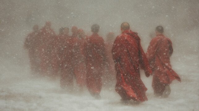 A group of monks in red robes walks through a dense snowstorm, creating a serene and spiritual winter scene.