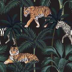 Fototapeta premium Tiger animal, zebra, tropical palms dark seamless pattern. Exotic night botanical jungle wallpaper.