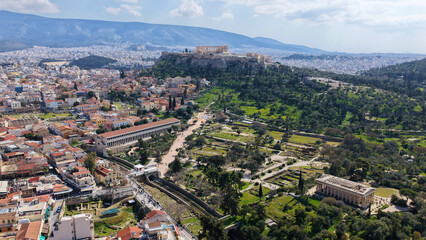 Fototapeta premium Aerial drone photo of Ancient Agora or Forum of Athens historic centre built below Acropolis hill, Attica, Greece