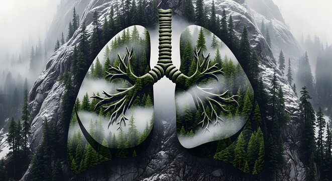 Surreal image of human lungs transformed into a forest on a mountain, symbolizing nature and health