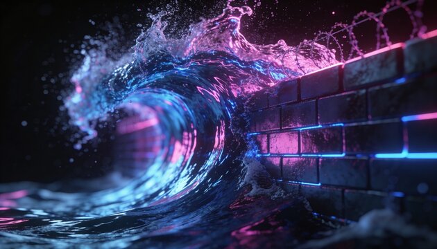 Digital Ocean Wave Malicious Traffic Firewall Barrier DDoS Attack Magenta Blue 3D Render Network Resilience Flood Protection Cybersecurity Dark