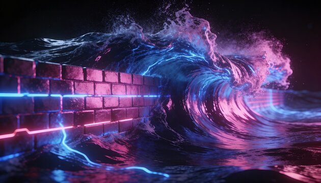 Digital Ocean Wave Malicious Traffic Firewall Barrier DDoS Attack Magenta Blue 3D Render Network Resilience Flood Protection Cybersecurity Dark