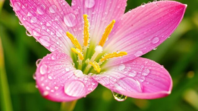 Macro Shot of Pink Rain Lily Flower with Fresh Water Droplets