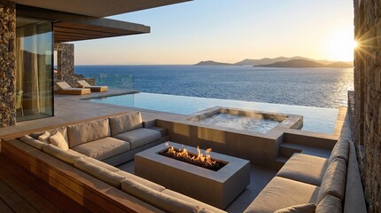 Fototapeta premium Luxury outdoor living space with a fire pit and pool overlooking the ocean during sunset on a warm evening