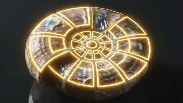 Ancient Fossilized Nautilus Shell with Glowing Geometric Energy Grid Overlay