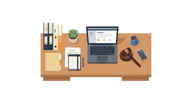 Flat Icon of Lawyer Office Desk with Legal Workspace Essentials
