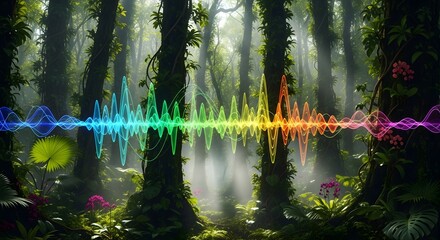 Naklejka premium Vibrant Soundwave Overlayed on a Lush, Verdant Forest Scene, Illustrating the Harmony of Nature and Audio