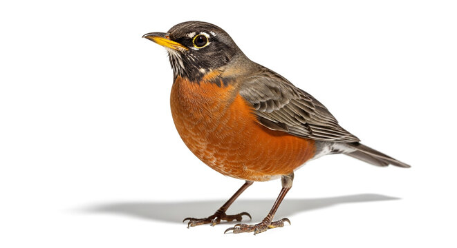American Robin Bird with Orange Breast and Black Head Standing on White Background with Shadow