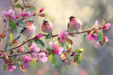 Fototapeta premium Whimsical birds resting on budding branches with pink blossoms in spring light