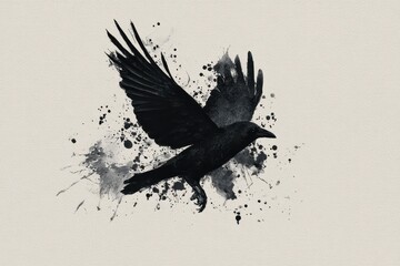 Fototapeta premium Raven silhouette in flight with paint splatters on a white background