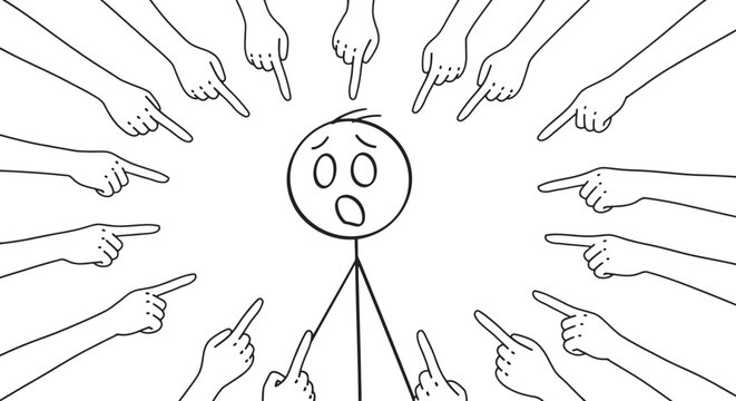 Cartoon stick figure looking shocked and scared, surrounded by numerous hands pointing fingers at him, symbolizing blame, accusation, and social pressure.