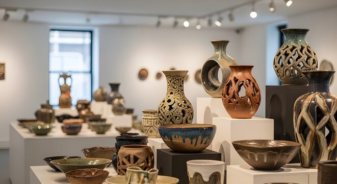Assortment of intricately crafted ceramic art pottery vases and bowls displayed prominently within a brightly lit gallery setting