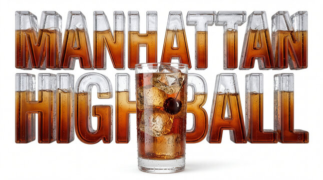 Manhattan highball 3d cocktail and letters with ice and cherry