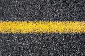 Fototapeta premium Top-down view of textured asphalt with tire tracks and a bright yellow center divider