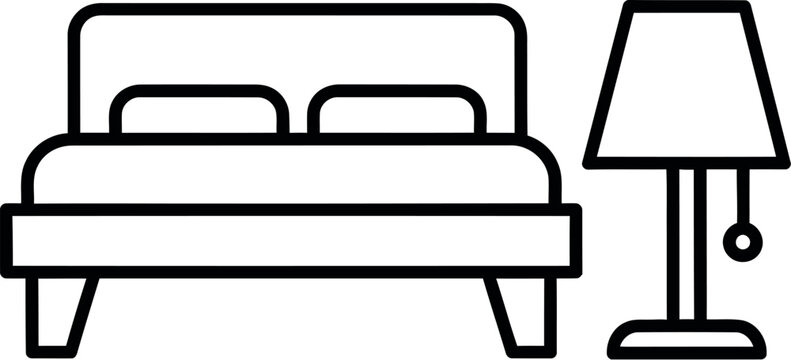 Simple black line icon depicting a bed with two pillows beside a classic bedside table lamp against a white background.