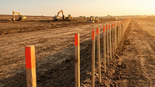 Survey stakes delineate a construction site with heavy machinery. Land development and civil engineering concept. For infrastructure project.