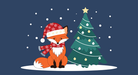 Naklejka premium Cute red fox wearing a snowflake patterned Santa hat and scarf sitting next to a decorated Christmas tree in a snowy night scene.