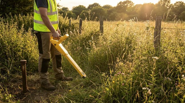 Man in hi vis vest using a utility locator to detect underground piping for surveying and construction blueprint