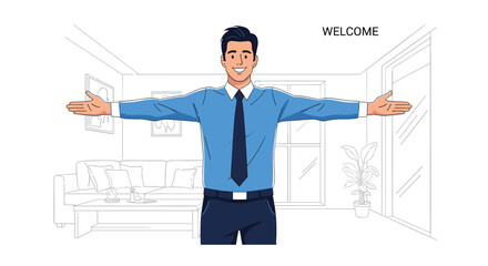 Welcoming man in a blue shirt and tie standing with his arms wide open inside a sketch of a modern living room for hospitality themes.