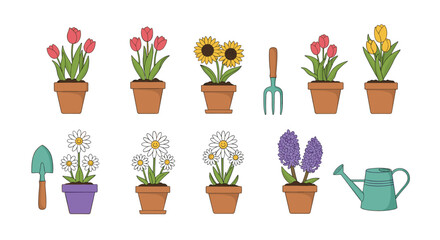 Collection of various spring flowers in clay pots including tulips, sunflowers, and daisies alongside essential gardening tools.