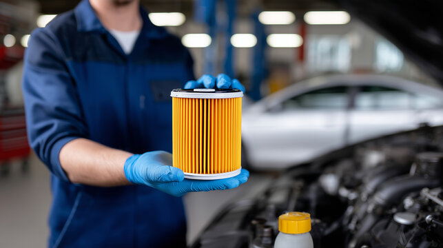 Mechanic in workshop holding a brand-new orange diesel oil filter with blue nitrile gloves, open engine compartment beneath, engine oil cap and hoses in soft focus, metallic textur