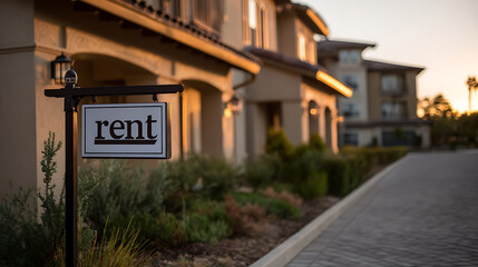 A close-up view of a "Rent" sign positioned in front of a modern residential building complex at sunset, showcasing property availability